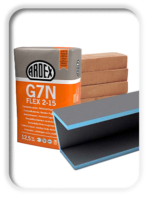 image of: byggematerialer, fliseklæb fuge, rørkasse og mursten