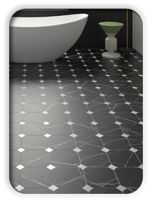 billede af ottekantede fliser med marmoreffekt i sort